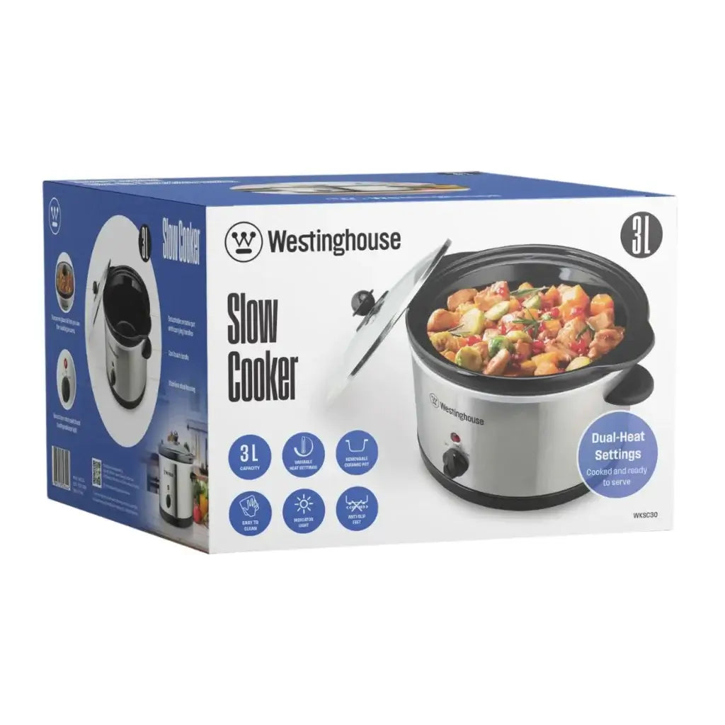 Olla de cocción lenta Westinghouse gris WKSC30 con capacidad de 3 litros y tapa de vidrio templado.