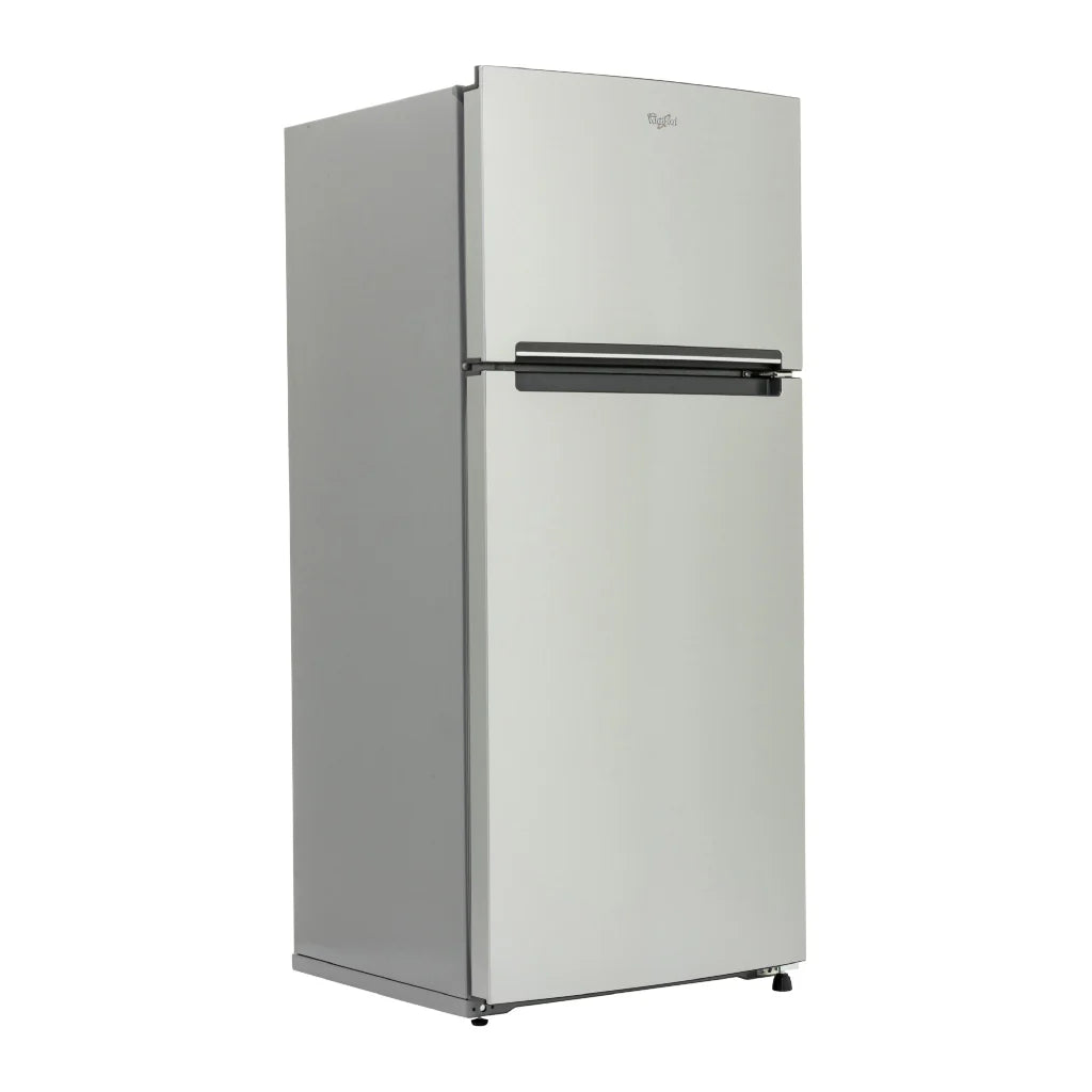 Refrigerador inoxidable 17 pies Whirlpool WT1726A con puertas reversibles y luz LED, fácil manejo de espacio para frutas y verduras.