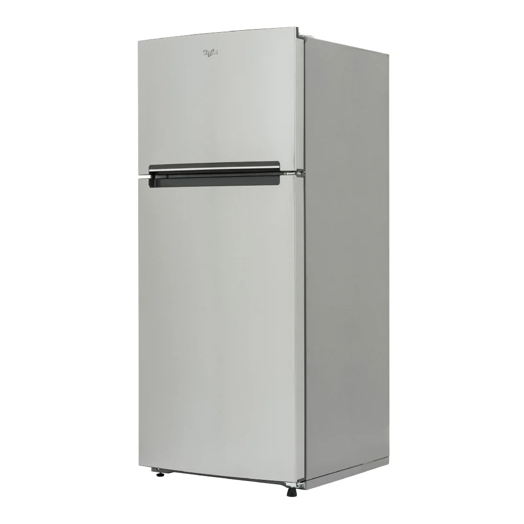 Refrigerador inoxidable 17 pies Whirlpool, modelo WT1726A con puertas reversibles y luz LED, ideal para frutas y verduras, acero inoxidable.
