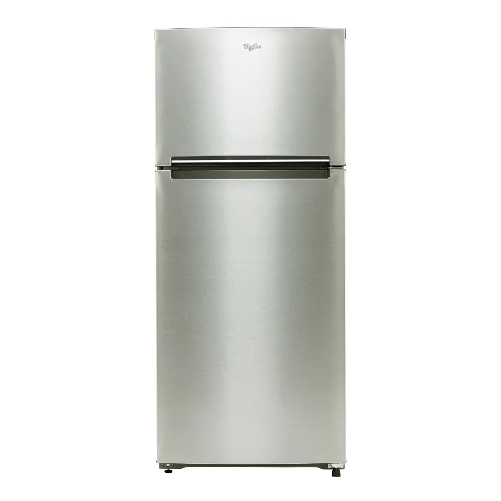 Refrigerador inoxidable 17 pies Whirlpool, diseño elegante de acero con puertas reversibles, ideal para frutas y verduras.