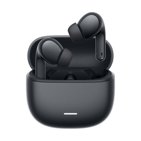 AUDIFONOS XIAOMI REDMI BUDS 8 LITE NEGRO con estuche de carga abierto, diseño elegante y moderno.