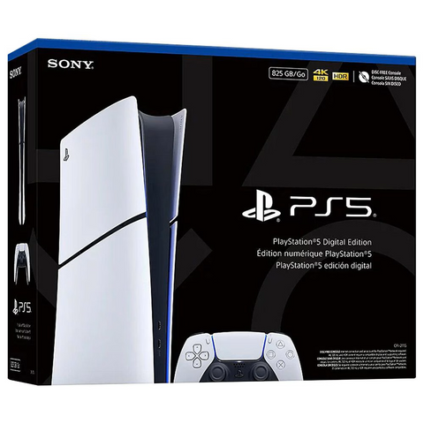Caja de la Consola Sony PS5 Slim Edición Digital (825GB) mostrando diseño y controlador en fondo negro.