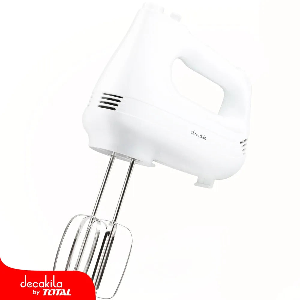 BATIDORA DE MANO 6 VELOC 450W KUMX001W Decakila en color blanco con batidores de acero inoxidable, ideal para tareas en la cocina.