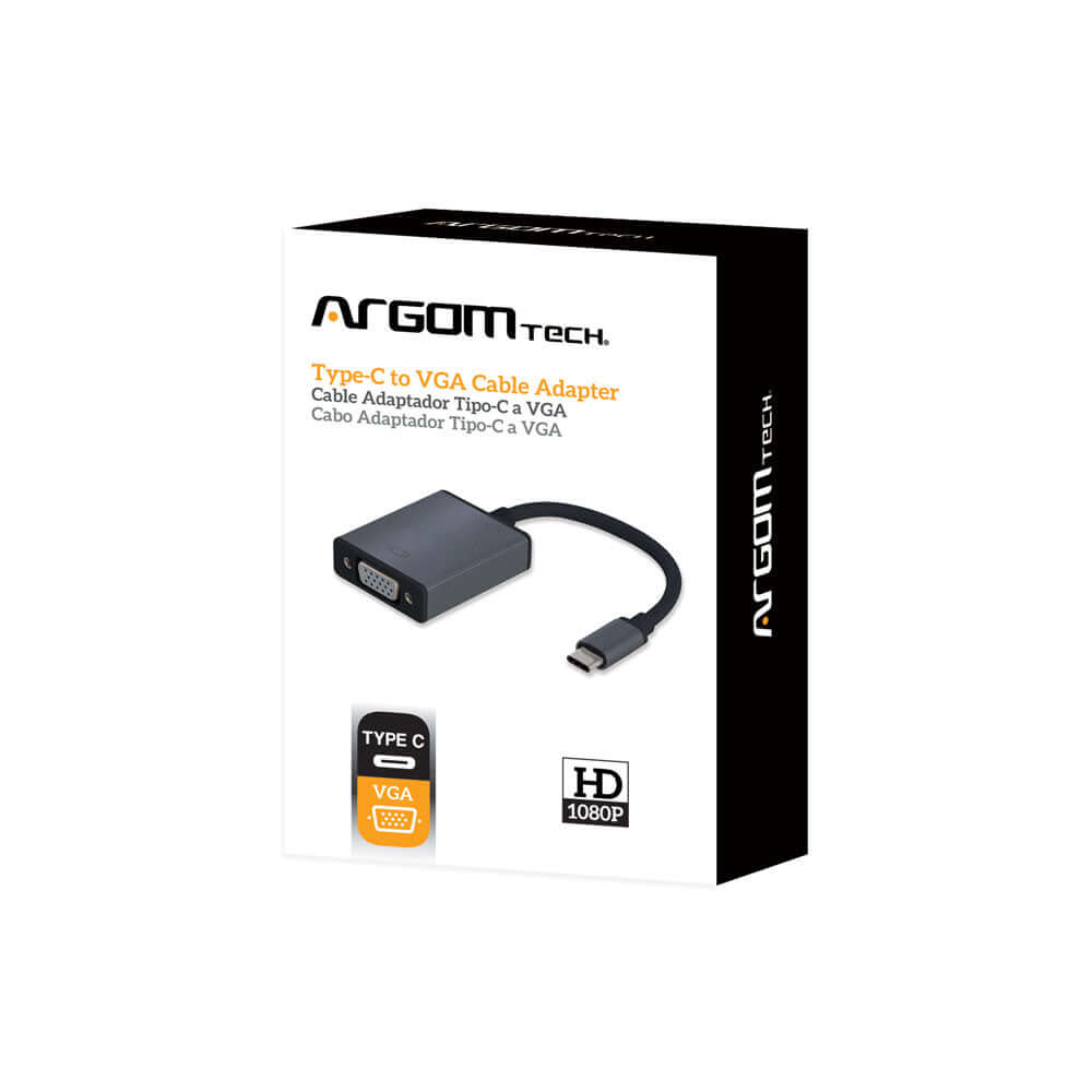 Adaptador USB-C a VGA de ARGOMTECH para conectar dispositivos tipo C a monitores VGA.