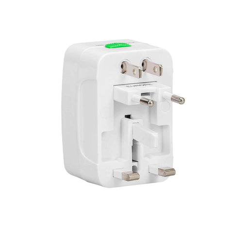 Adaptador de viaje universal, accesorio compacto con múltiples enchufes internacionales y diseño de bloqueo.