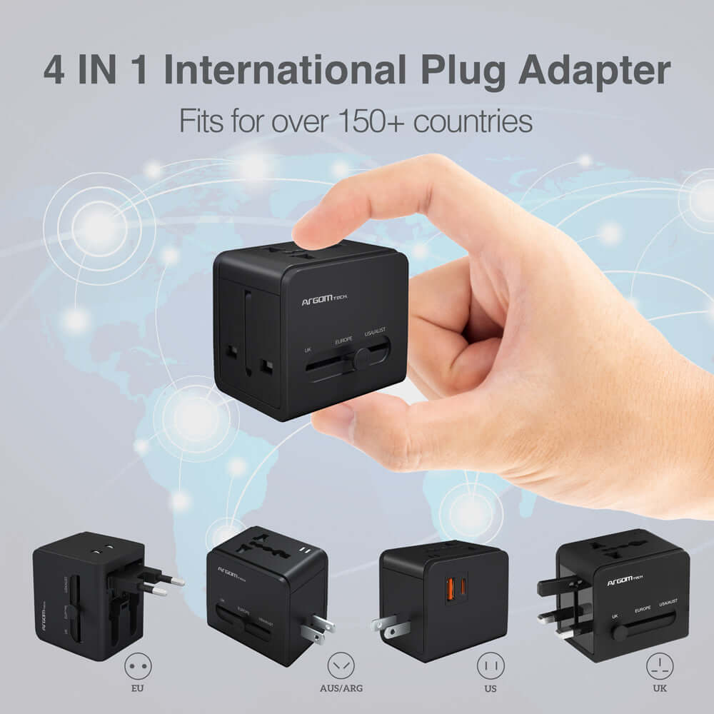 Adaptador de viaje universal con puertos PD y USB, ideal para más de 150 países.