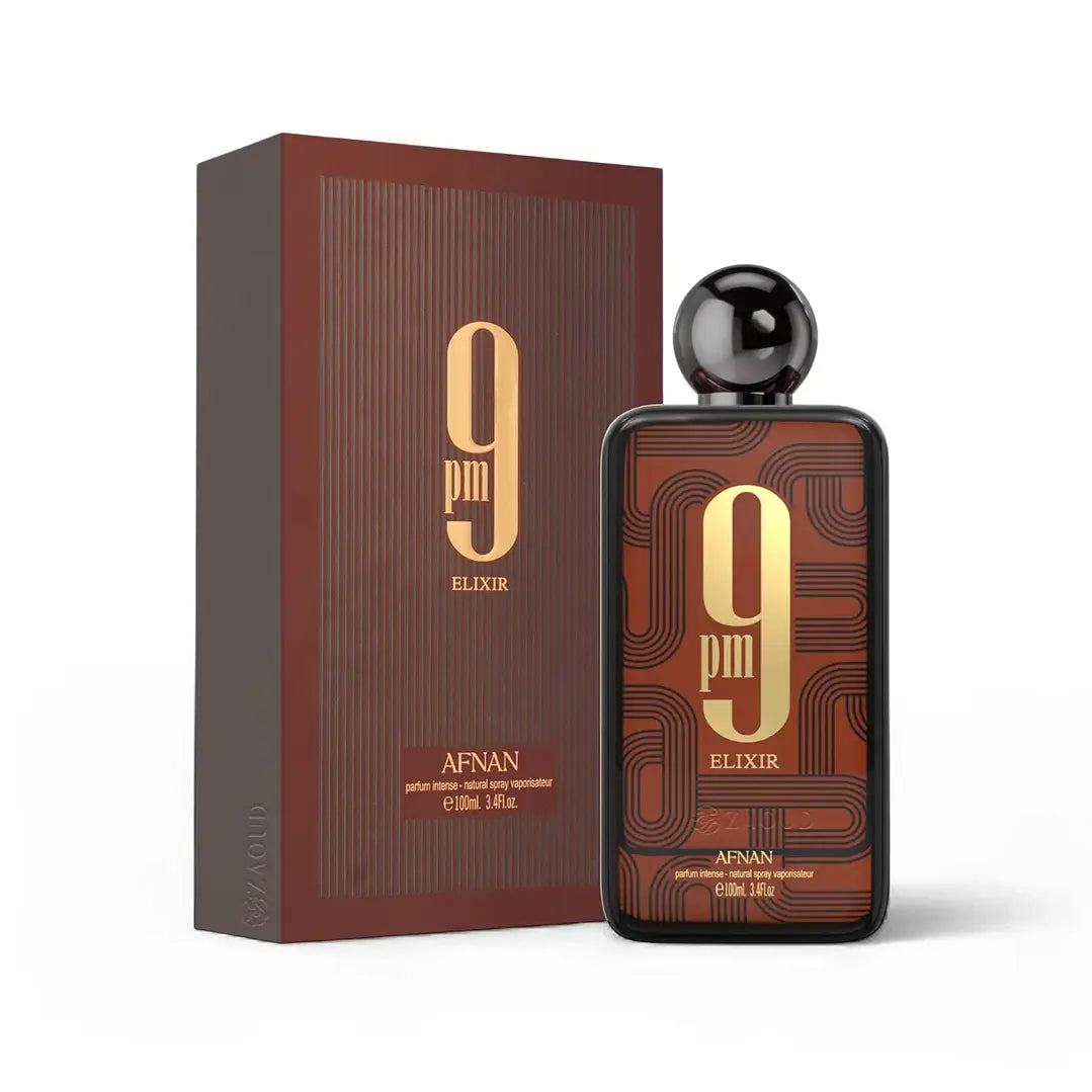 Bottle and box of AFNAN 9PM ELIXIR PARFUM INTENSE 100 ML displayed.