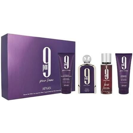 AFNAN ESTUCHE 9PM MUJER 4 PIEZAS perfume set with packaging and bottles