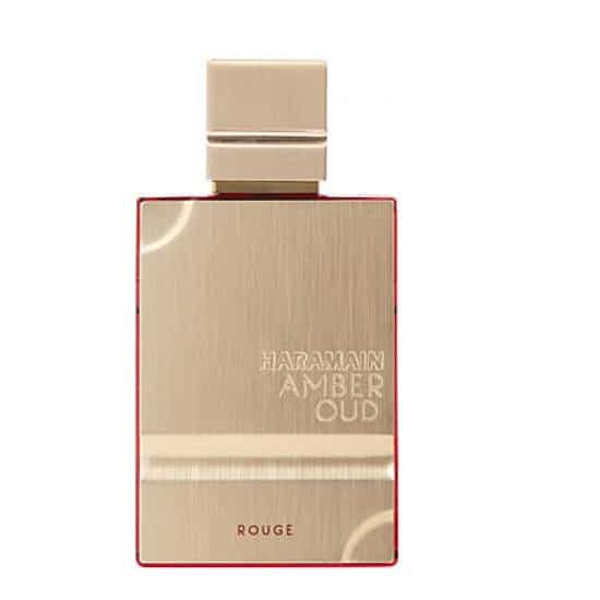 Al Haramain Amber Oud Rouge 60Ml perfume bottle gold rectangular bottle with red trim and cap