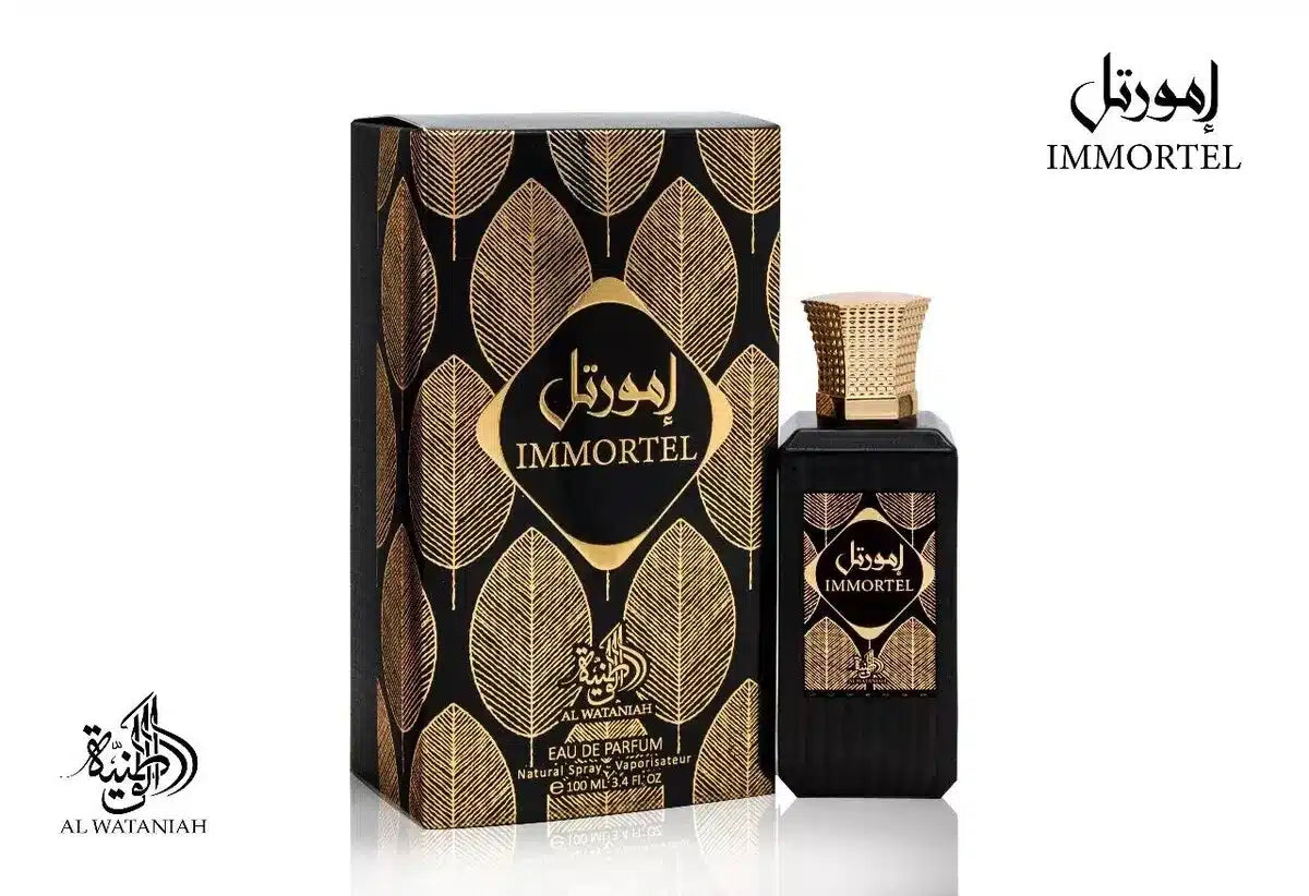 Al Wataniah Inmortel 3.4Oz Edp perfume bottle and decorative black gold packaging for men
