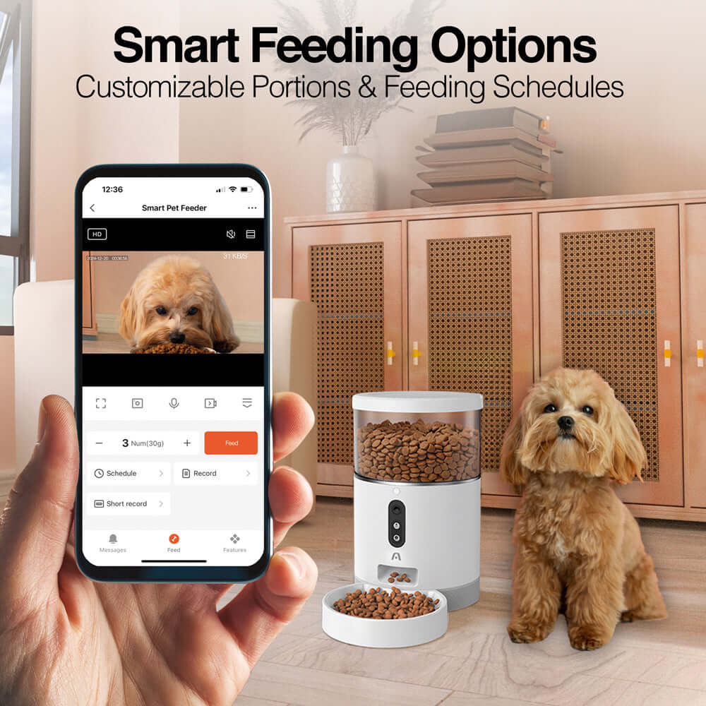Alimentador inteligente para mascotas con opciones de porciones personalizables y programación de alimentación.