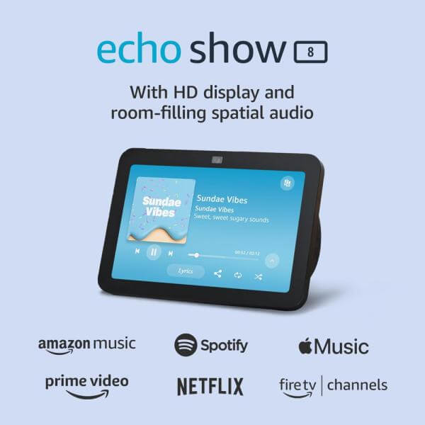 Amazon Echo Show 8 2023 con pantalla HD y audio envolvente, ideal para entretenimiento y control del hogar.