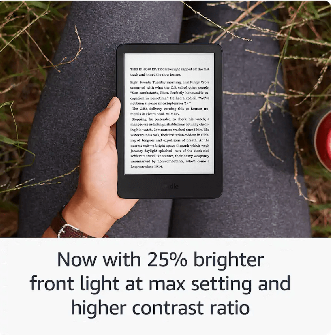 Amazon - Kindle (16 GB) - 2024 - negra handheld showing 6-inch screen and brighter front light with higher contrast