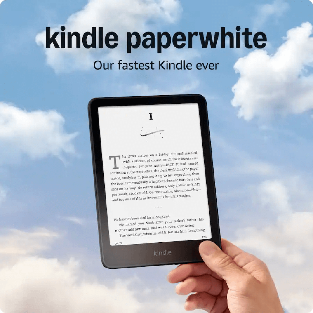 Amazon - Kindle Paperwhite (16 GB) - 2024 - Negra held against sky, 7" display, 16 GB storage, black e-reader showcasing text