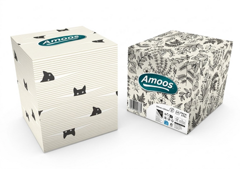 PAÑUELOS FACIALES AMOOS CUBO COSMÉTICO 50 PAÑUELOS 3 CAPAS CAJA 24 UNIDADES F623501