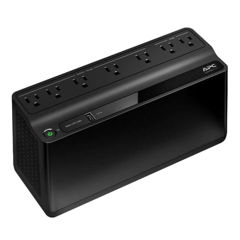 UPS APC respaldo energía 600VA con varias salidas para protección de dispositivos electrónicos.