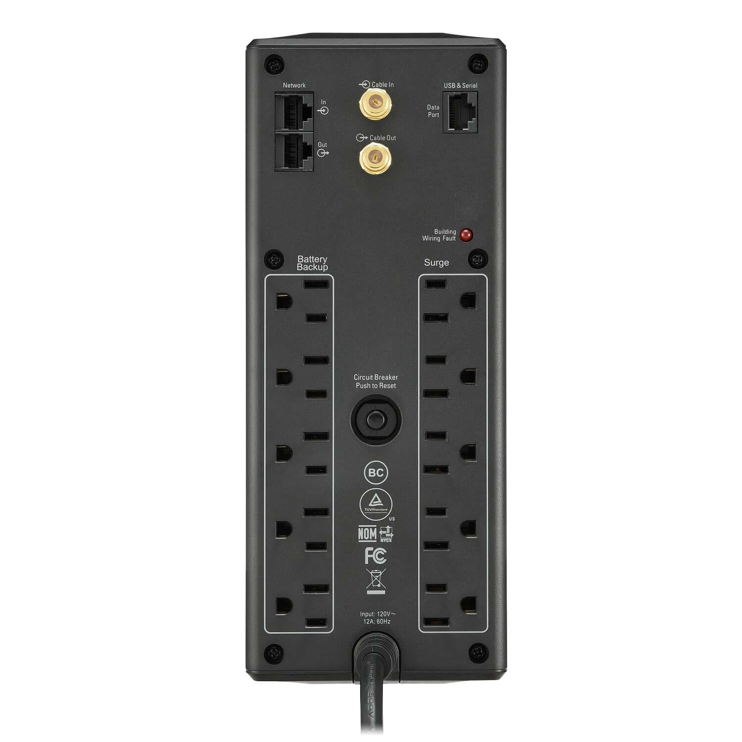 UPS para protección de equipos electrónicos con conexiones y puertos de salida.