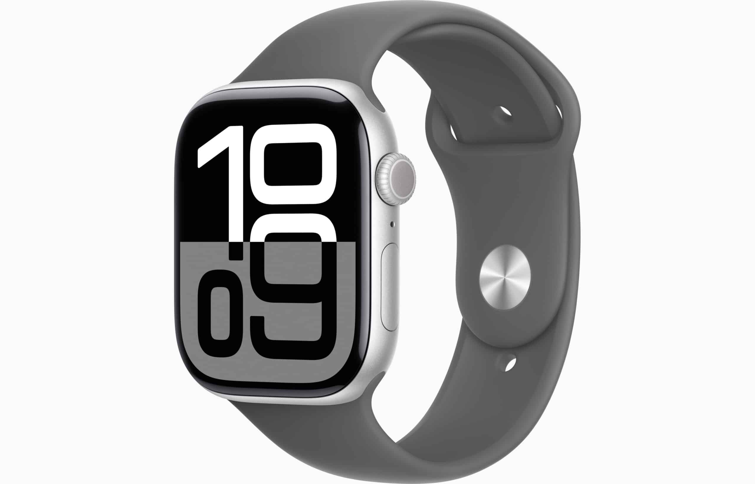 Apple Watch Serie 10 Aluminio 42 Mm Gps/Wifi en gris con correa deportiva, vista frontal y pantalla activa