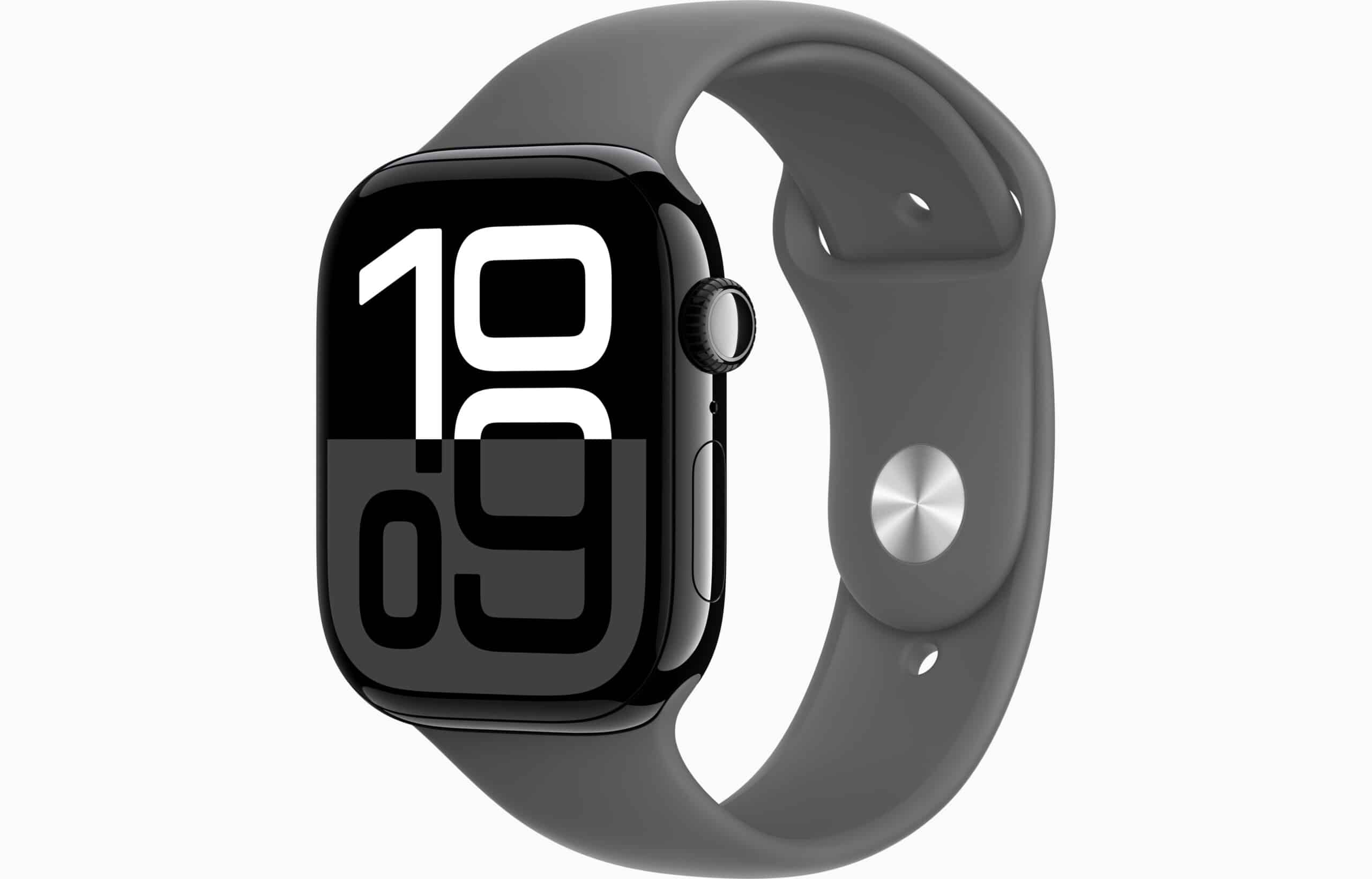 Apple Watch Serie 10 Aluminio 46 Mm Gps/Wifi - Encargo Directo negro con correa deportiva gris, vista frontal inclinada