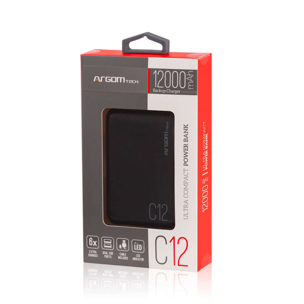 Banco de energía 12000 mAh de ArgomTech, compacto y ligero, ideal para cargadores de dispositivos móviles.