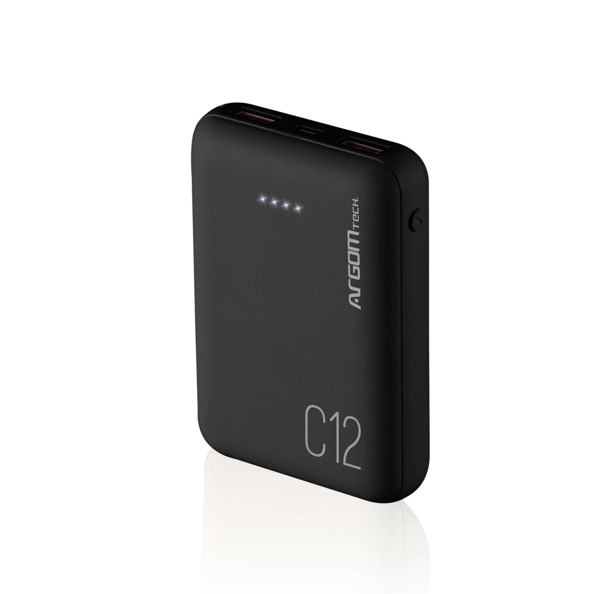 Banco de energía 12000 mAh de ArgomTech, compacto y ligero, ideal para cargar dispositivos móviles.