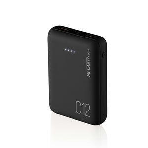 Banco de energía 12000 mAh de ArgomTech, compacto y ligero, ideal para cargar dispositivos móviles.
