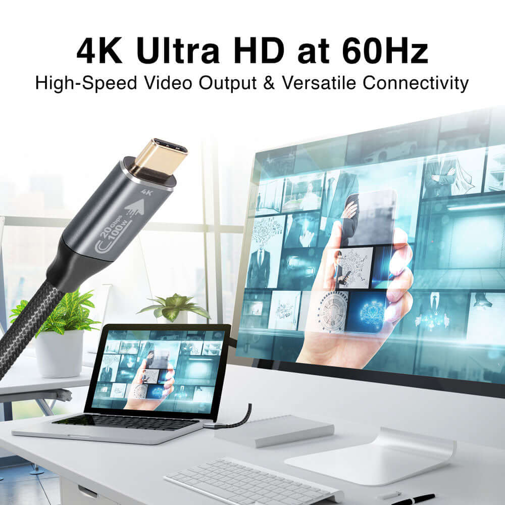 cable USB-C carga rápida 100W conectado a pantallas 4K Ultra HD con salida de video de alta velocidad