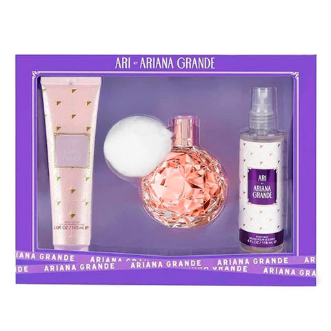 ARIANA GRANDE ARI ESTUCHE 3 PZ featuring perfume, body lotion, and body mist in a purple gift set