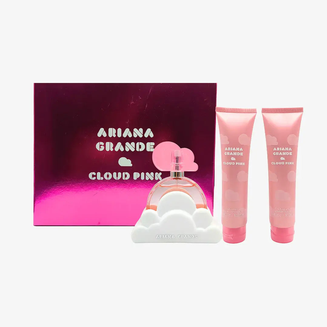 ARIANA GRANDE CLOUD PINK ESTUCHE 3PZ set with perfume and body lotion on display