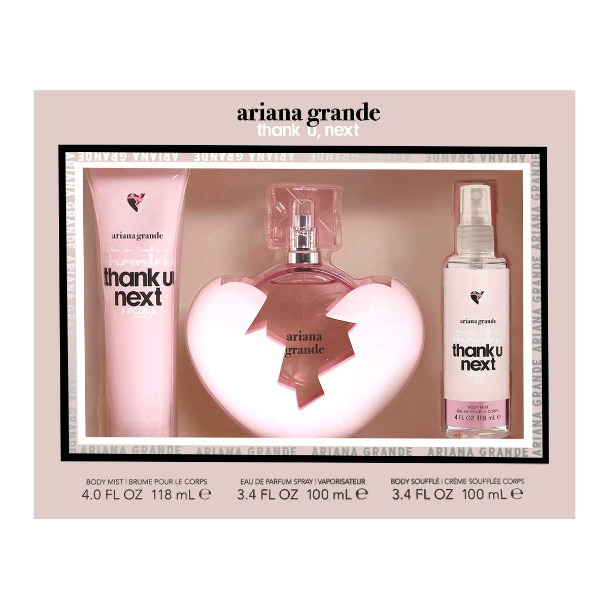 ARIANA GRANDE THANK U NEXT ESTUCHE 3 PZ set with perfume, body mist, and cream.