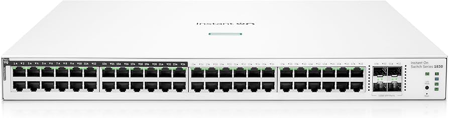 Alt Tag: Aruba IOn SW 1830 48G 24p PoE 4SFP 370W white rackmount switch front view with 48 ports and 4 SFP