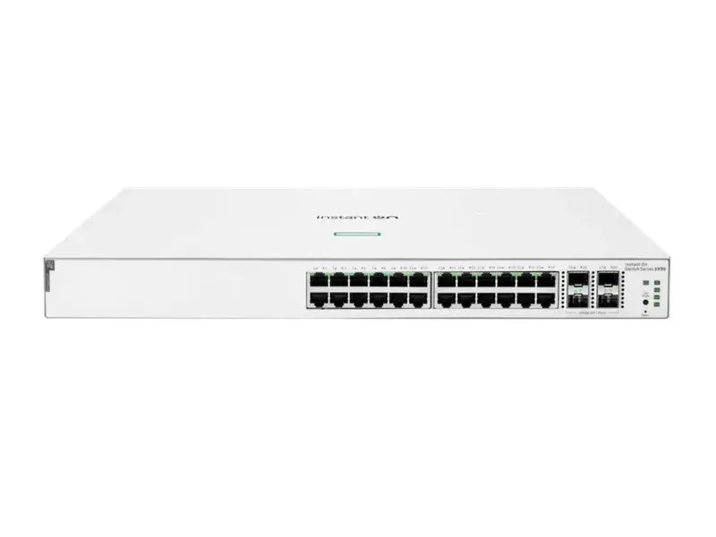 Alt Tag: Aruba IOn SW 1930 24G 4SFP+ PoE 195W switch front view with 24 Ethernet ports and 4 SFP+ uplinks