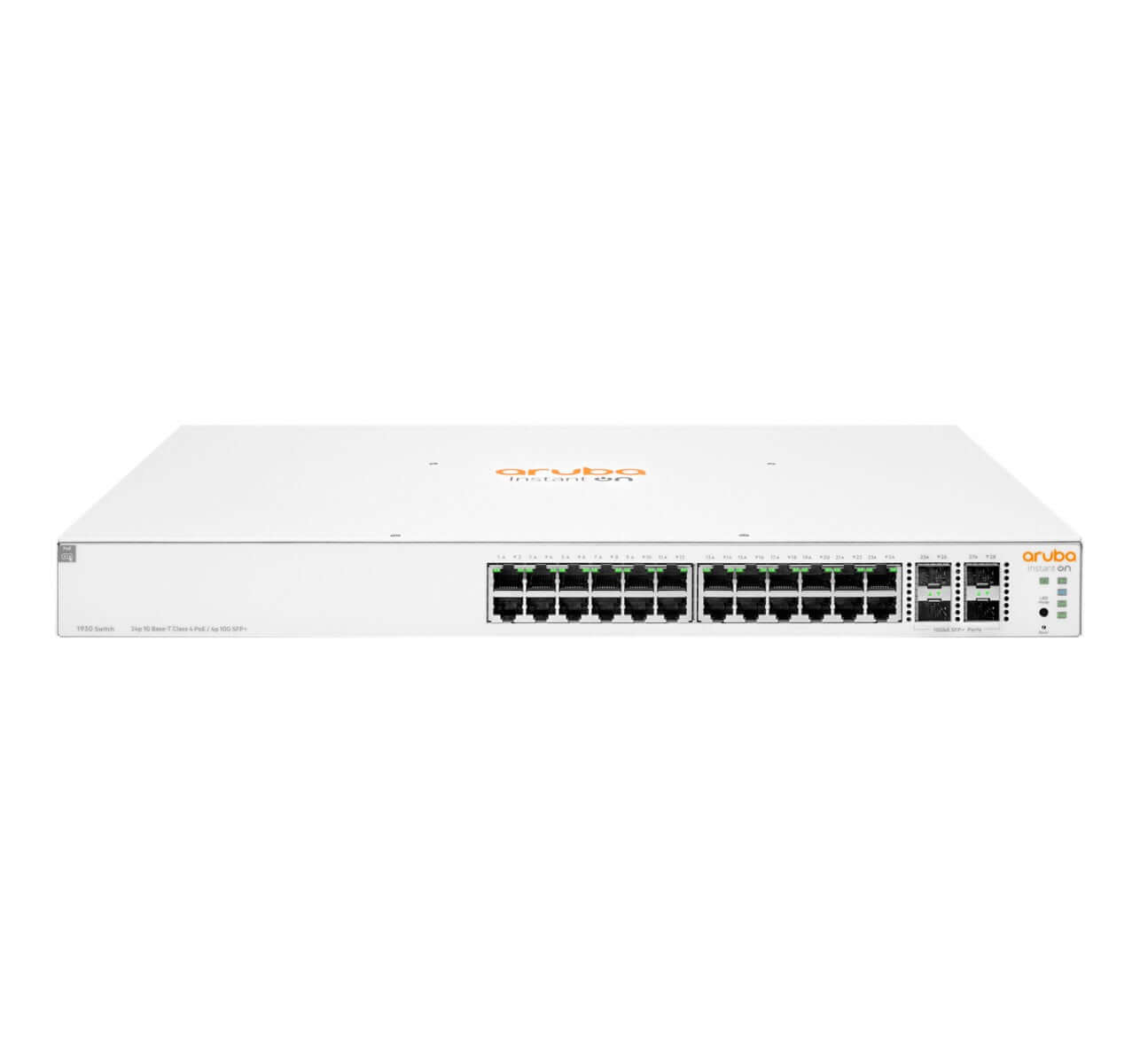 Aruba IOn SW 1930 24G 4SFP+ PoE 370W front view white rackmount switch with 24 Ethernet ports and 4 SFP+ uplinks