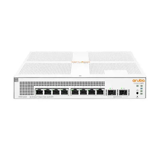 Aruba IOn SW 1930 8G 2SFP PoE 124W white rackmount switch front view with eight ports and two SFP slots