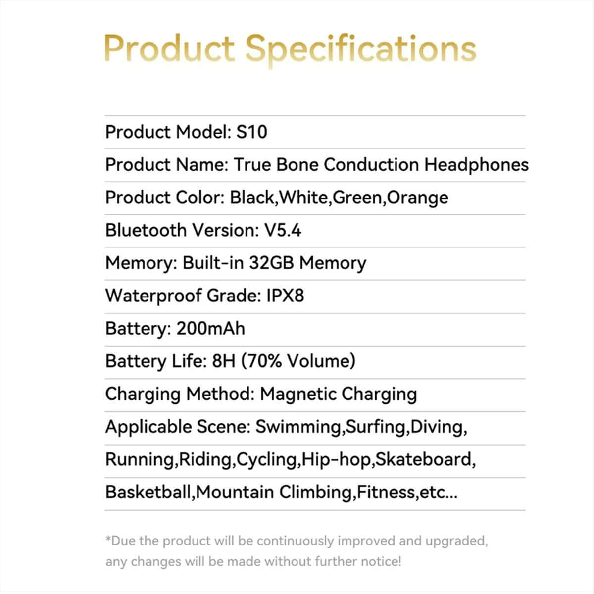 Audífonos de Conducción Ósea S10 - Sumergibles IPX8 y Bluetooth 5.4 ficha técnica con especificaciones: memoria 32GB, IPX8, Bluetooth V5.4, batería 200mAh