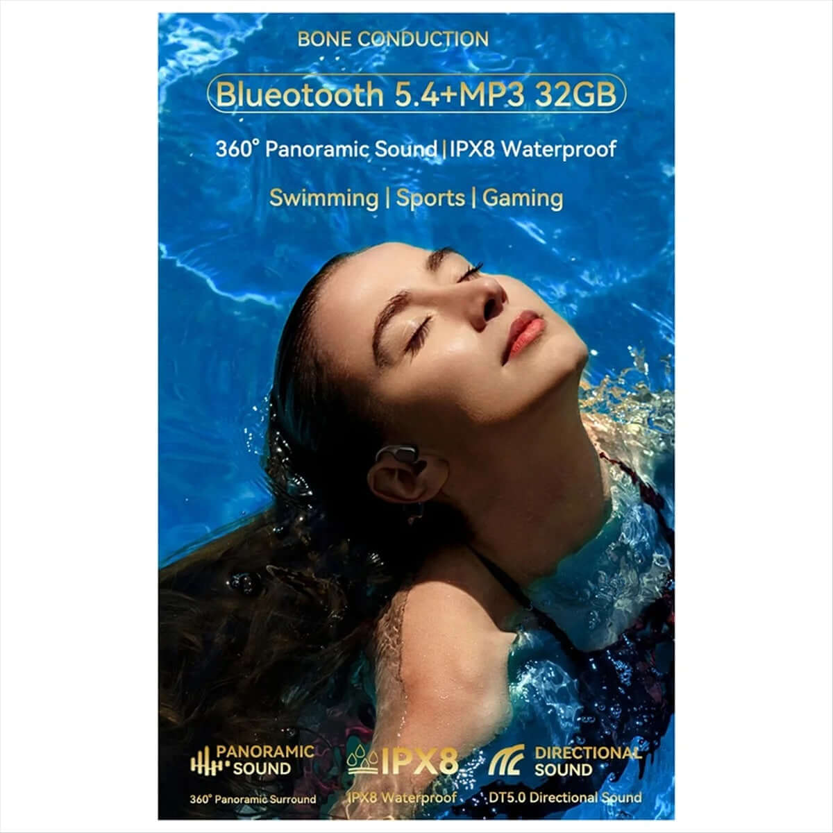Audífonos de Conducción Ósea S10 - Sumergibles IPX8 y Bluetooth 5.4 bog-standard image of swimmer wearing bone conduction headphones with 32GB