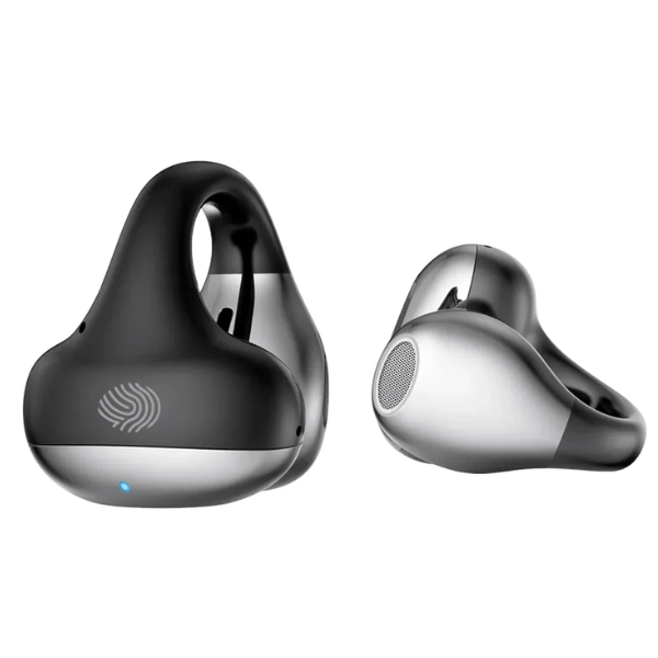 Audífonos Kieslect Earbuds Open Clip con AI negros y plateados, diseño abierto ergonómico y clip para uso activo