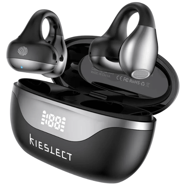 Audífonos Kieslect Earbuds Open Clip con AI negros con estuche de carga y pantalla LED, diseño ergonómico y abierto para actividad