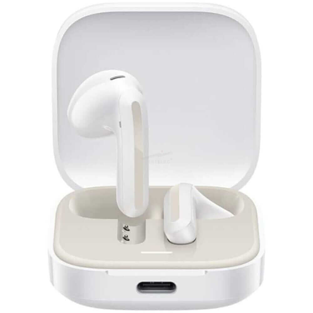 Audífonos Redmi Buds 6 Active 55691 blancos en estuche abierto, diseño semi-in-ear ergonómico y cargador USB-C