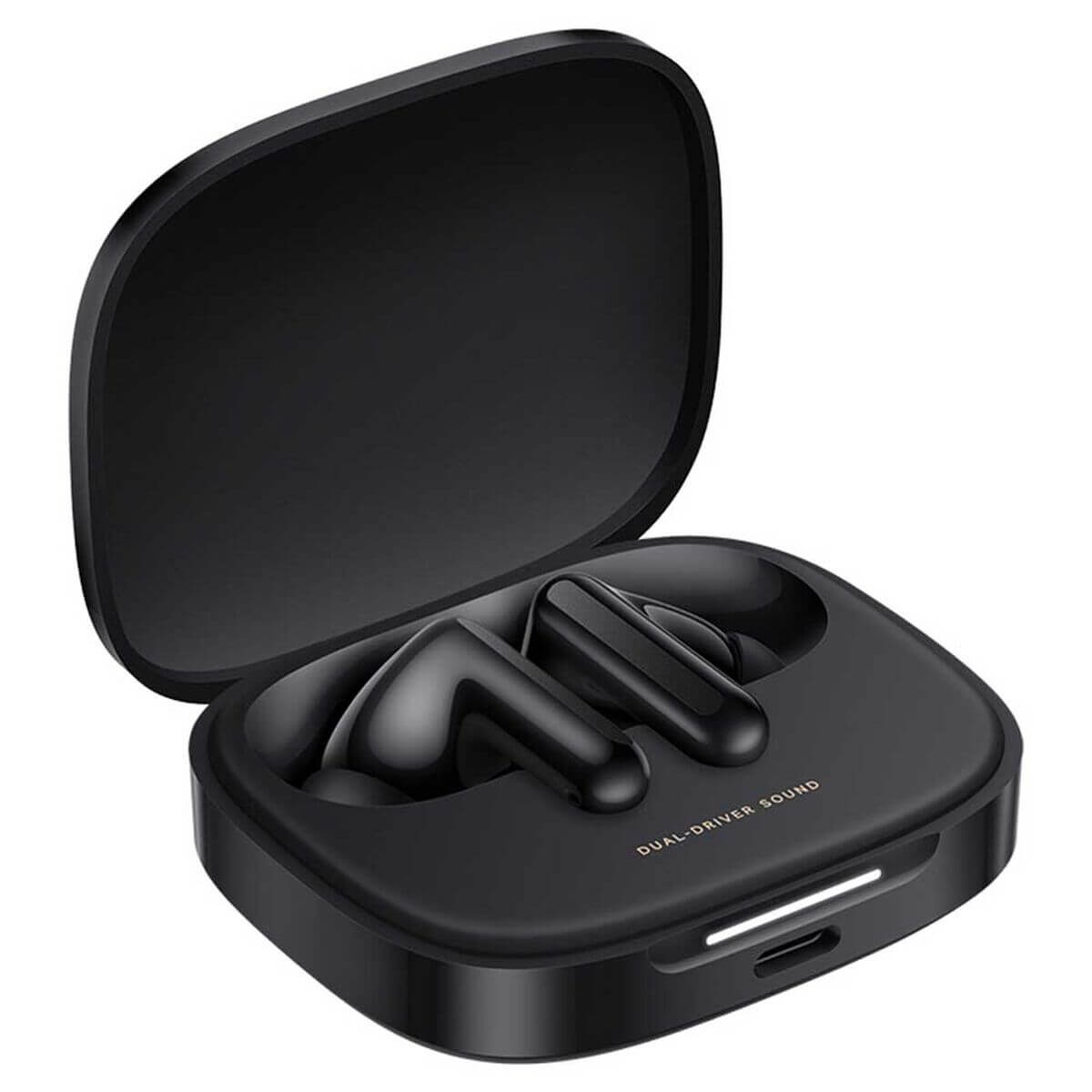 Audífonos Redmi Buds 6 Active en estuche negro, sonido de doble controlador, diseño ergonómico y ligero.
