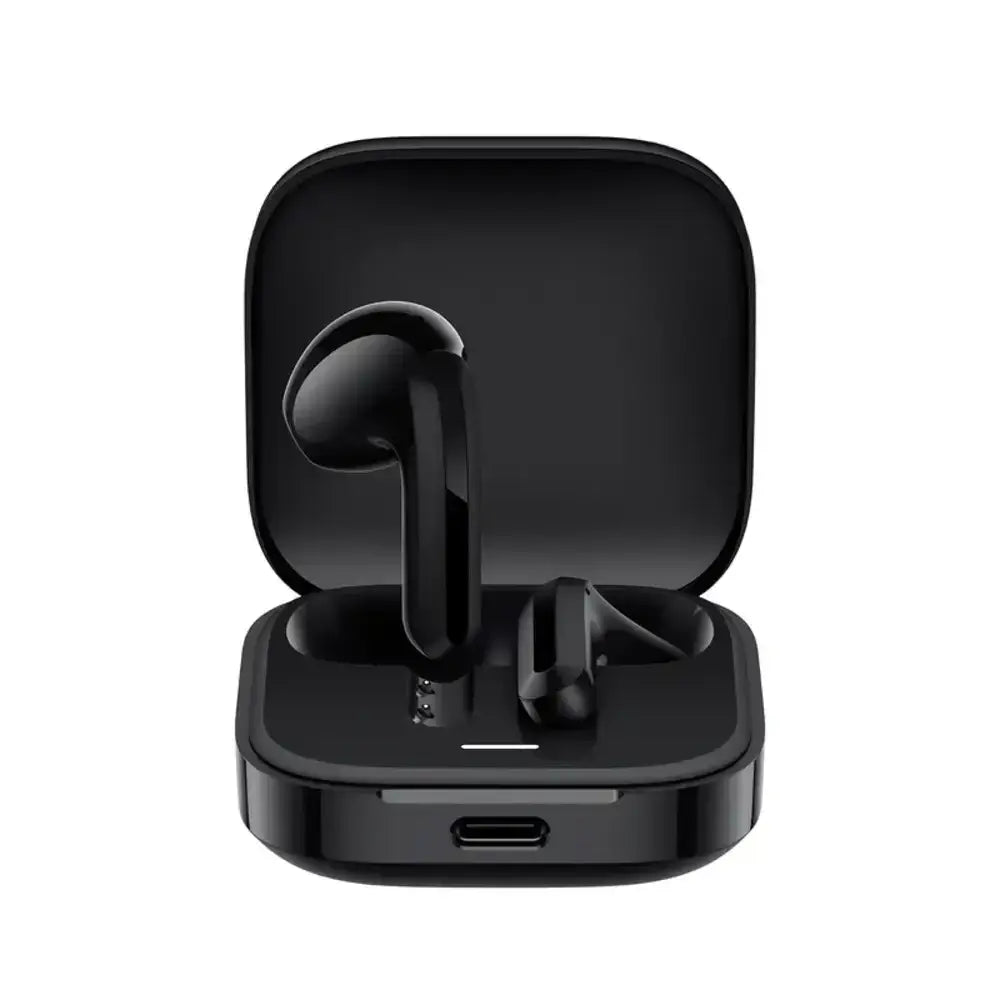 Audífonos Redmi Buds 6 Active 55696 en estuche negro abierto, diseño semi-in-ear ergonómico y drivers de 14.2mm
