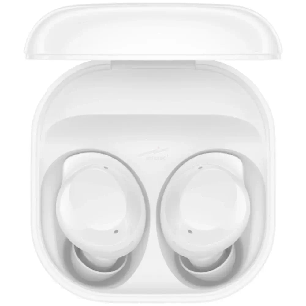 Audífonos Samsung Buds Core White en estuche abierto, diseño ergonómico blanco y compacto, sonido nítido para música y llamadas