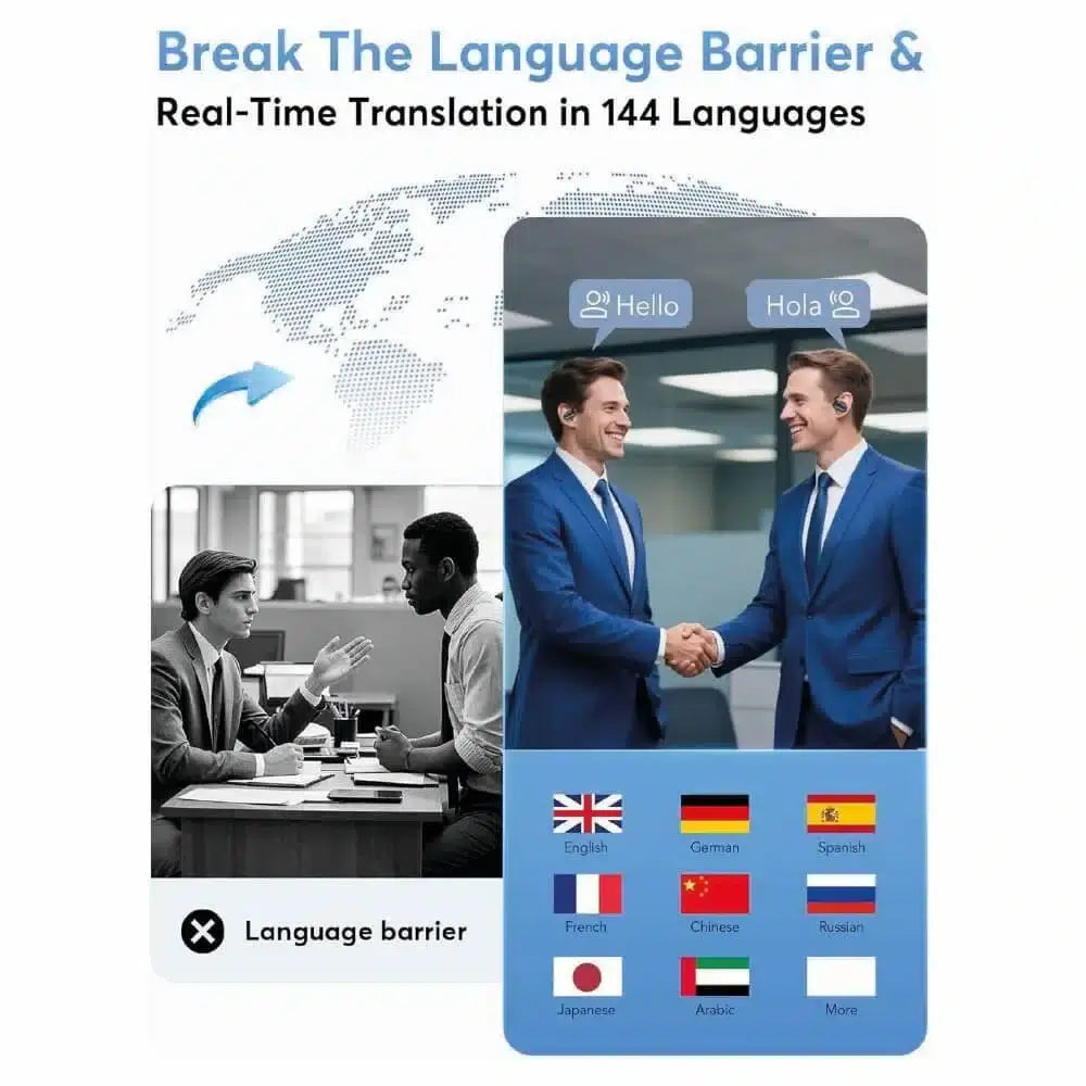 Audífonos de traducción bluetooth color azul y pantalla indicadora incluye licencia, auriculares AI traducción en tiempo real 100+ idiomas