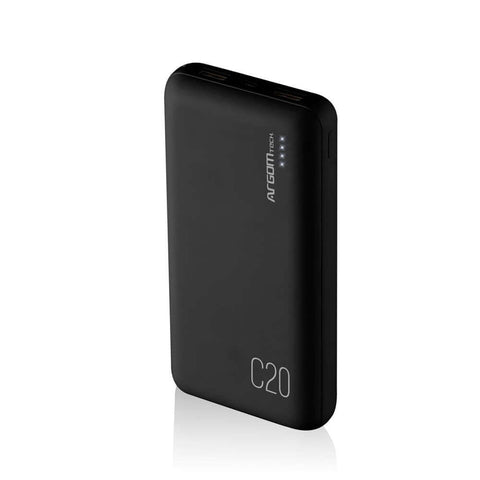 Banco de energía 20000 mAh negro, ideal para cargar dispositivos móviles en movimiento.