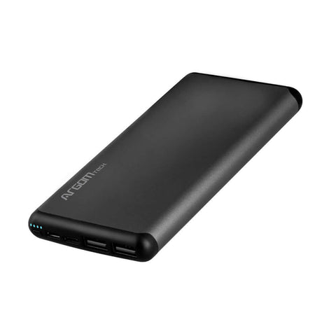 Banco de energía 12000mAh en color negro, portátil y resistente para cargar dispositivos electrónicos.