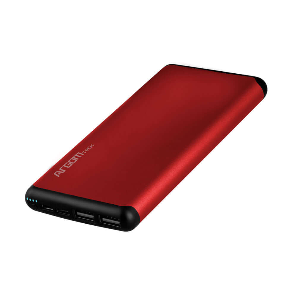 Banco de energía 12000mAh de aluminio color rojo, ideal para cargar dispositivos electrónicos.