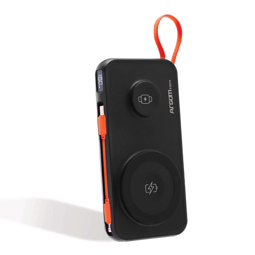 Banco de energía magnético 10000 mAh con cable integrado y tecnología de carga inalámbrica.