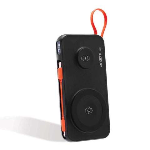 Banco de energía magnético 10000 mAh con cable integrado y tecnología de carga inalámbrica.