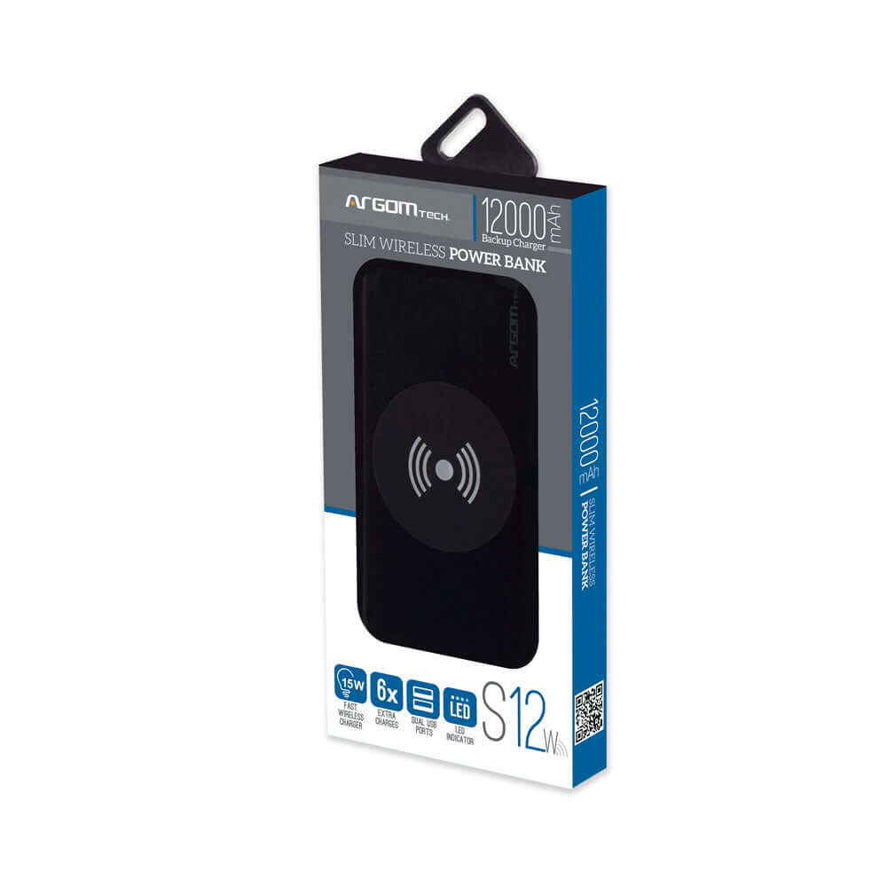 Banco de energía inalámbrico 12000mAh ArgomTech en caja con carga rápida de 15W, ideal para dispositivos móviles.
