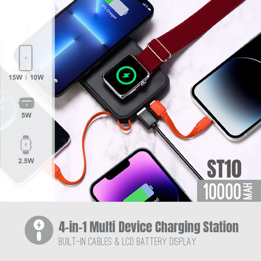 Banco de energía magnético 10000 mAh, estación de carga 4 en 1, cables integrados y pantalla LCD.